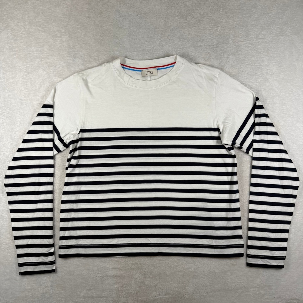 AYR The French Fry Striped Pima Cotton Long Sleeve Tee White Navy Small